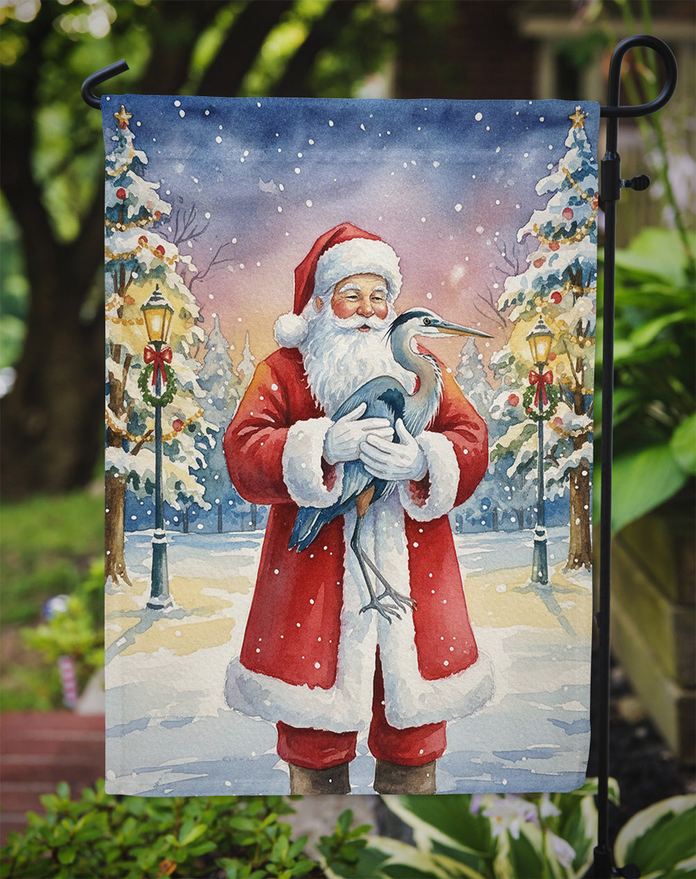Blue Heron with Santa Claus Garden Flag