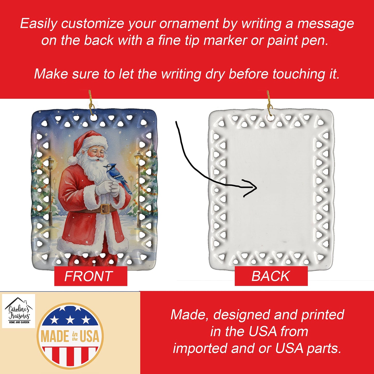 Blue Jay with Santa Claus Porcelain Ornament