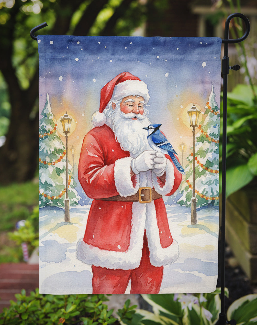 Blue Jay with Santa Claus Garden Flag