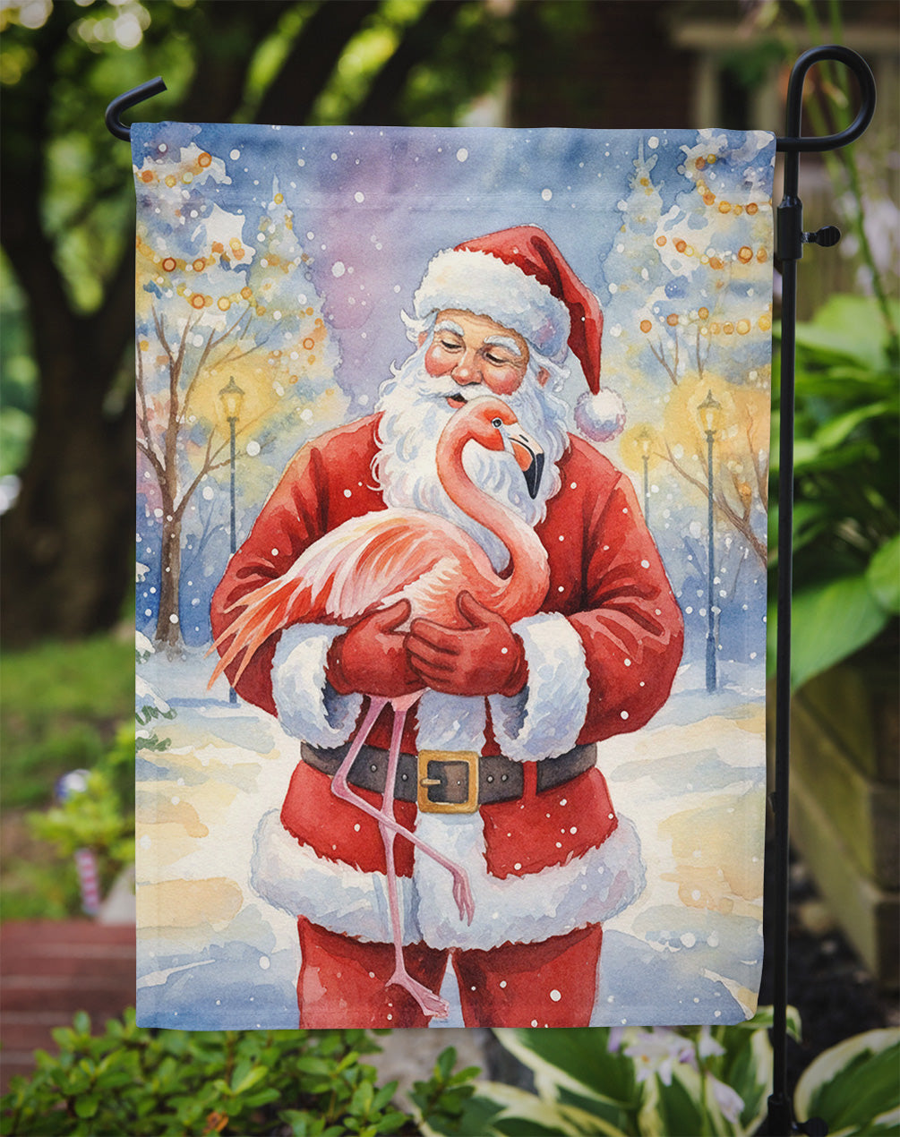 Flamingo with Santa Claus Garden Flag