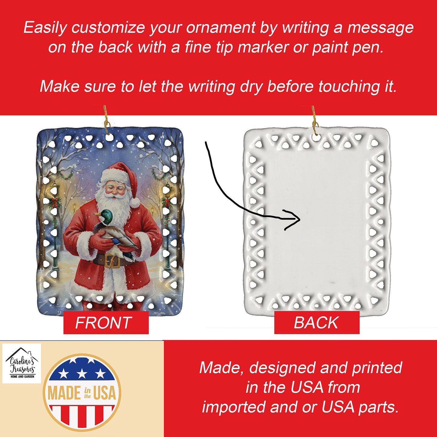 Mallard with Santa Claus Porcelain Ornament