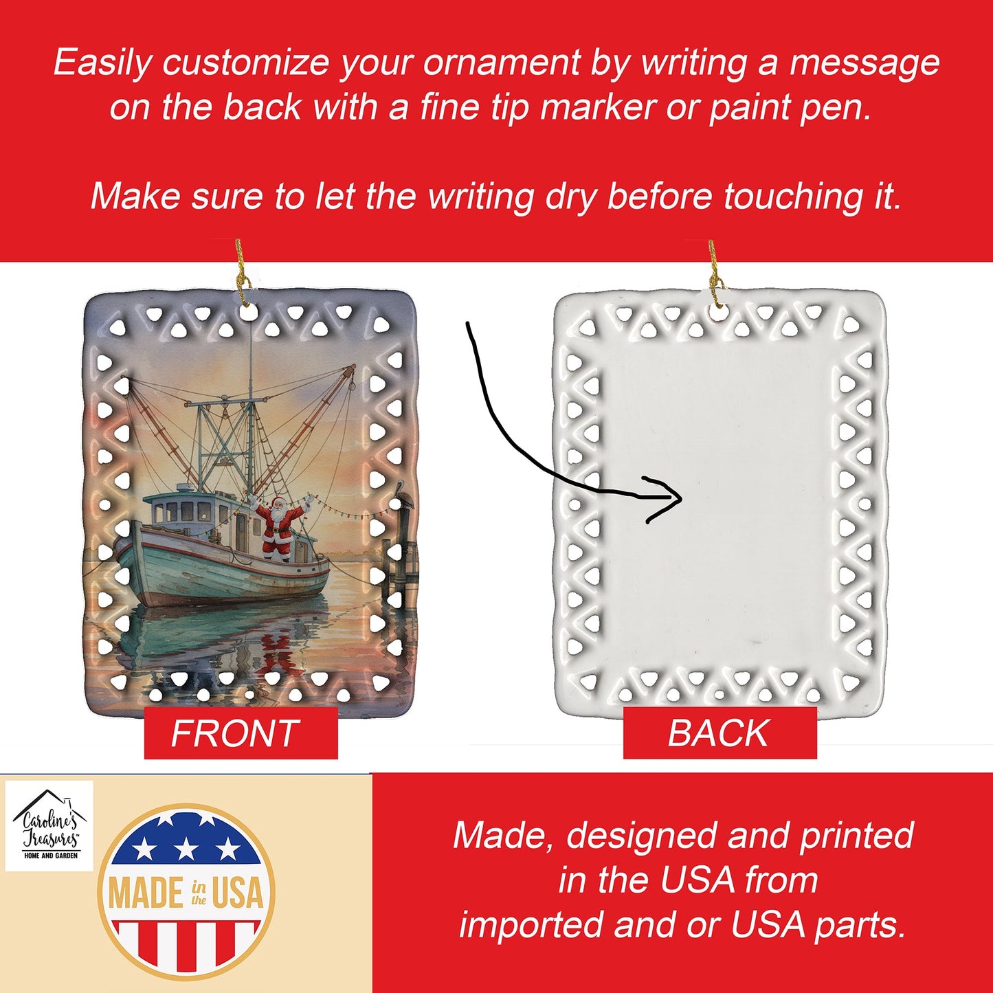 Cajun Santa Claus Decorating a Shrimp Boat Christmas Porcelain Ornament