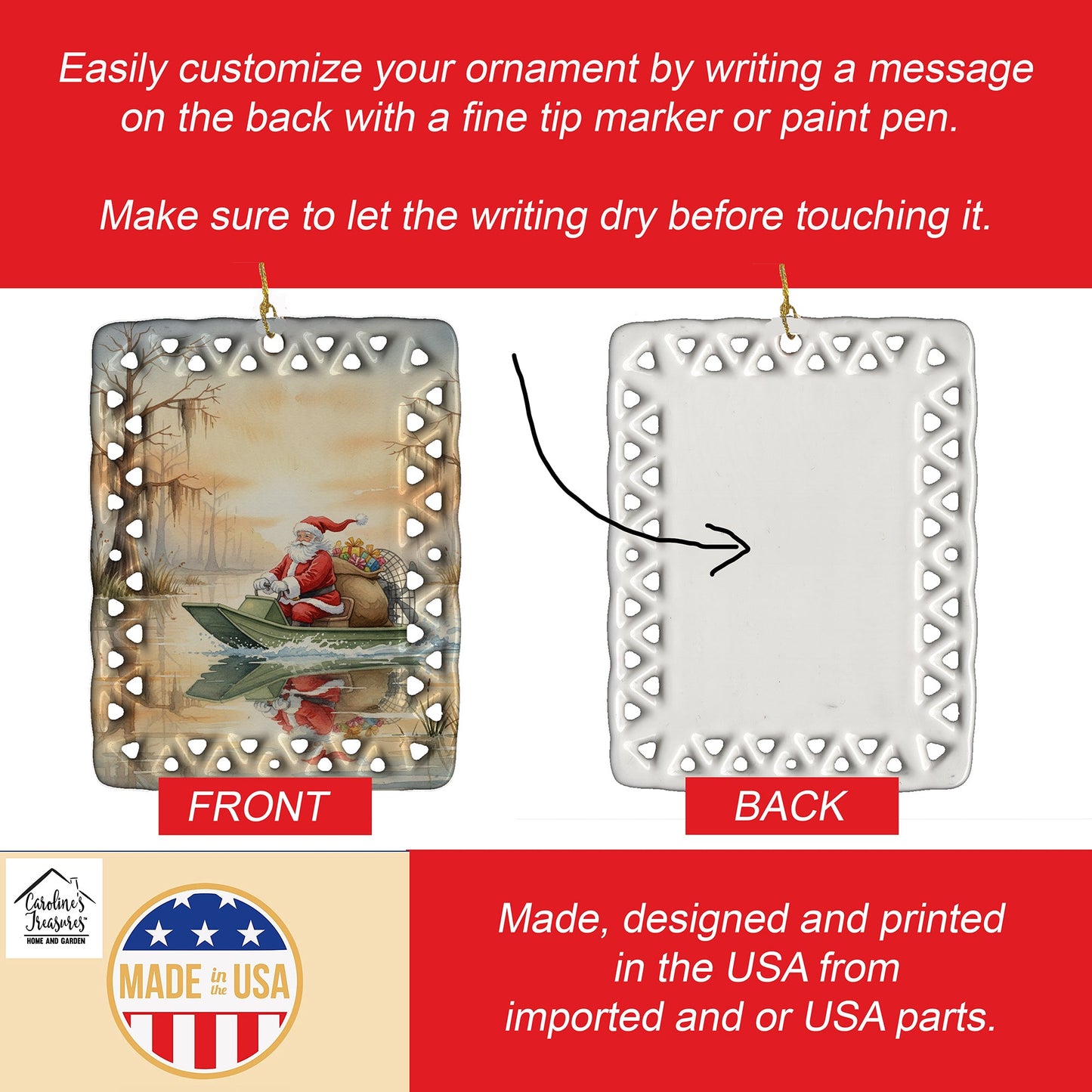 Cajun Santa Claus Delivering Gifts by Airboat Christmas Porcelain Ornament