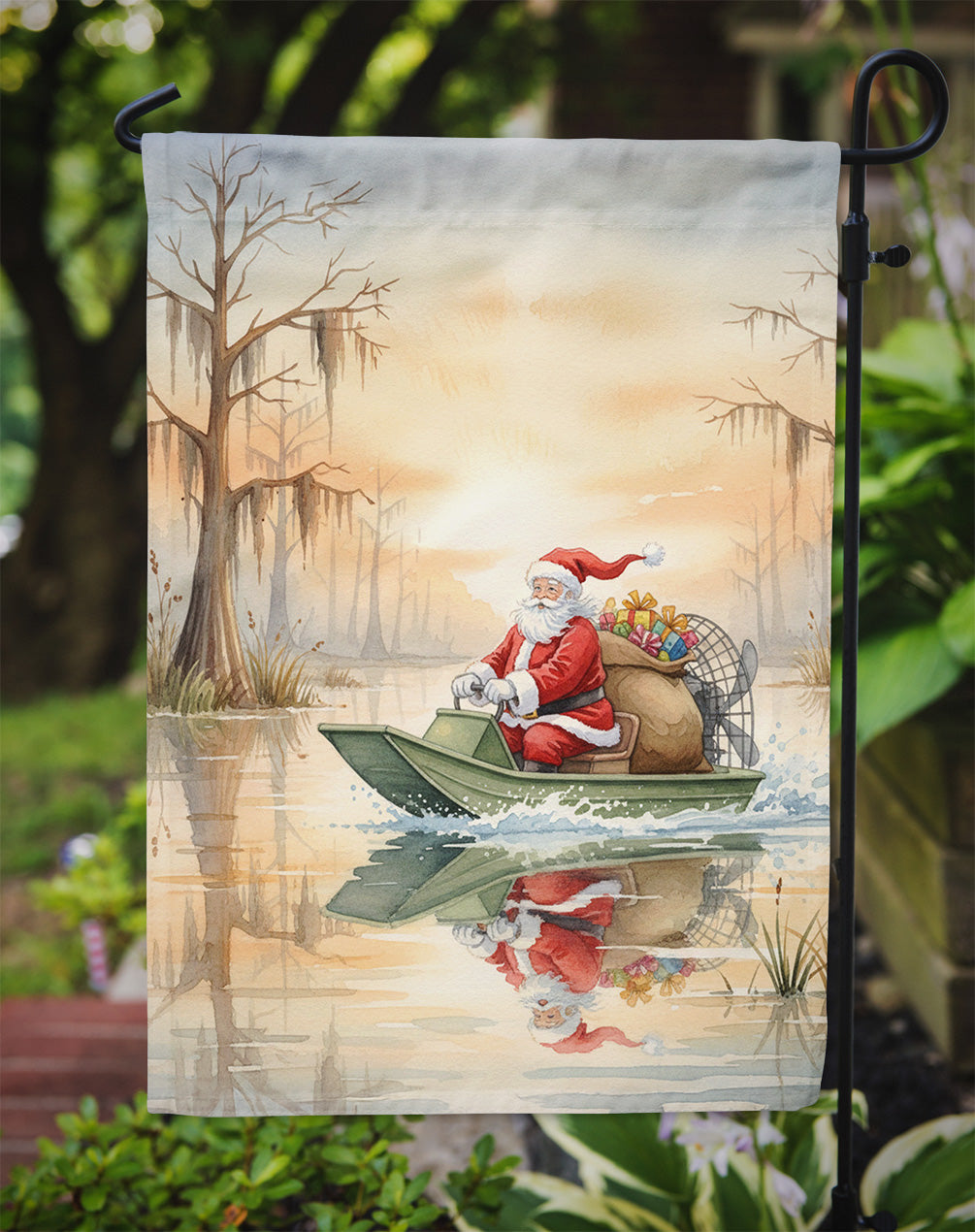 Cajun Santa Claus Delivering Gifts by Airboat Christmas Garden Flag