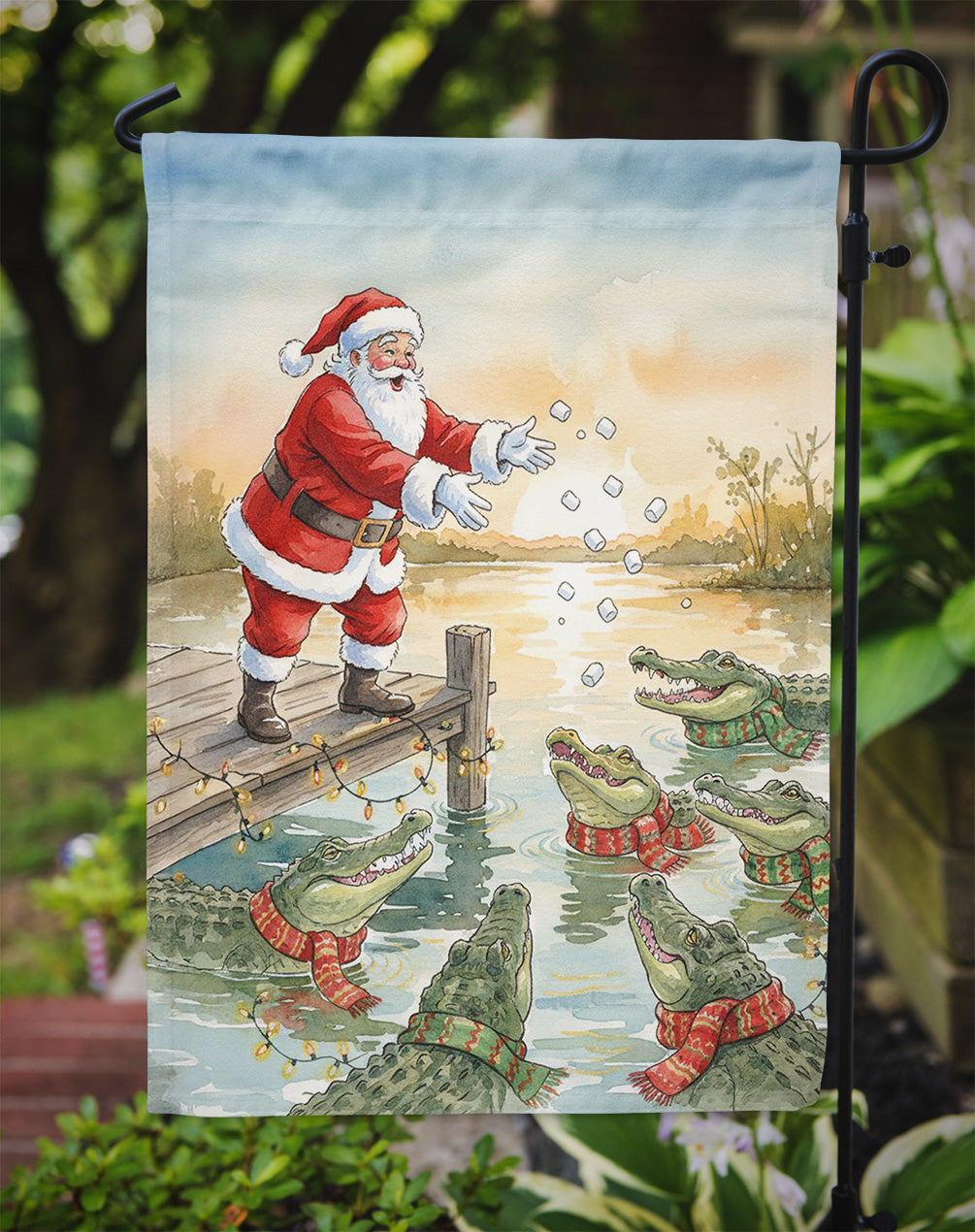 Cajun Santa Claus Feeding the Gators Christmas Garden Flag