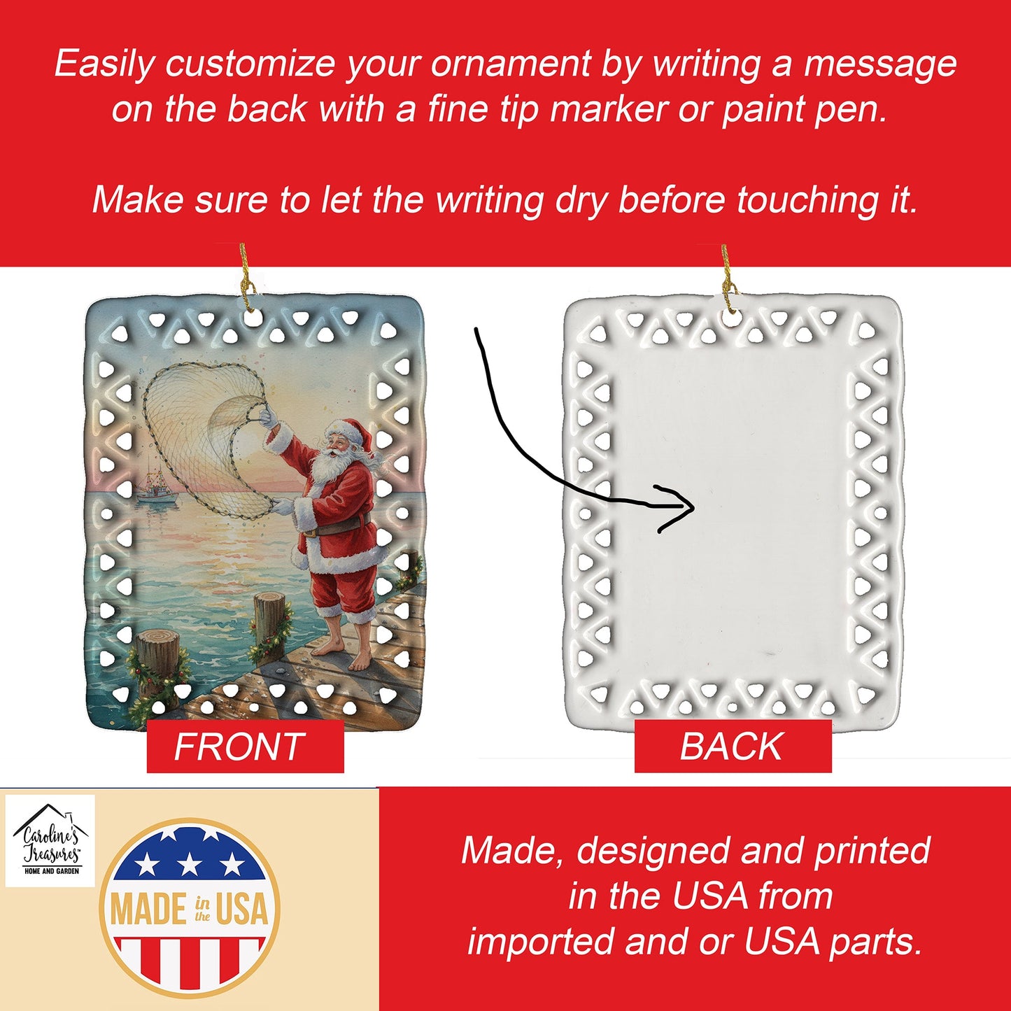 Fishing Santa Claus with Castnet Christmas Porcelain Ornament