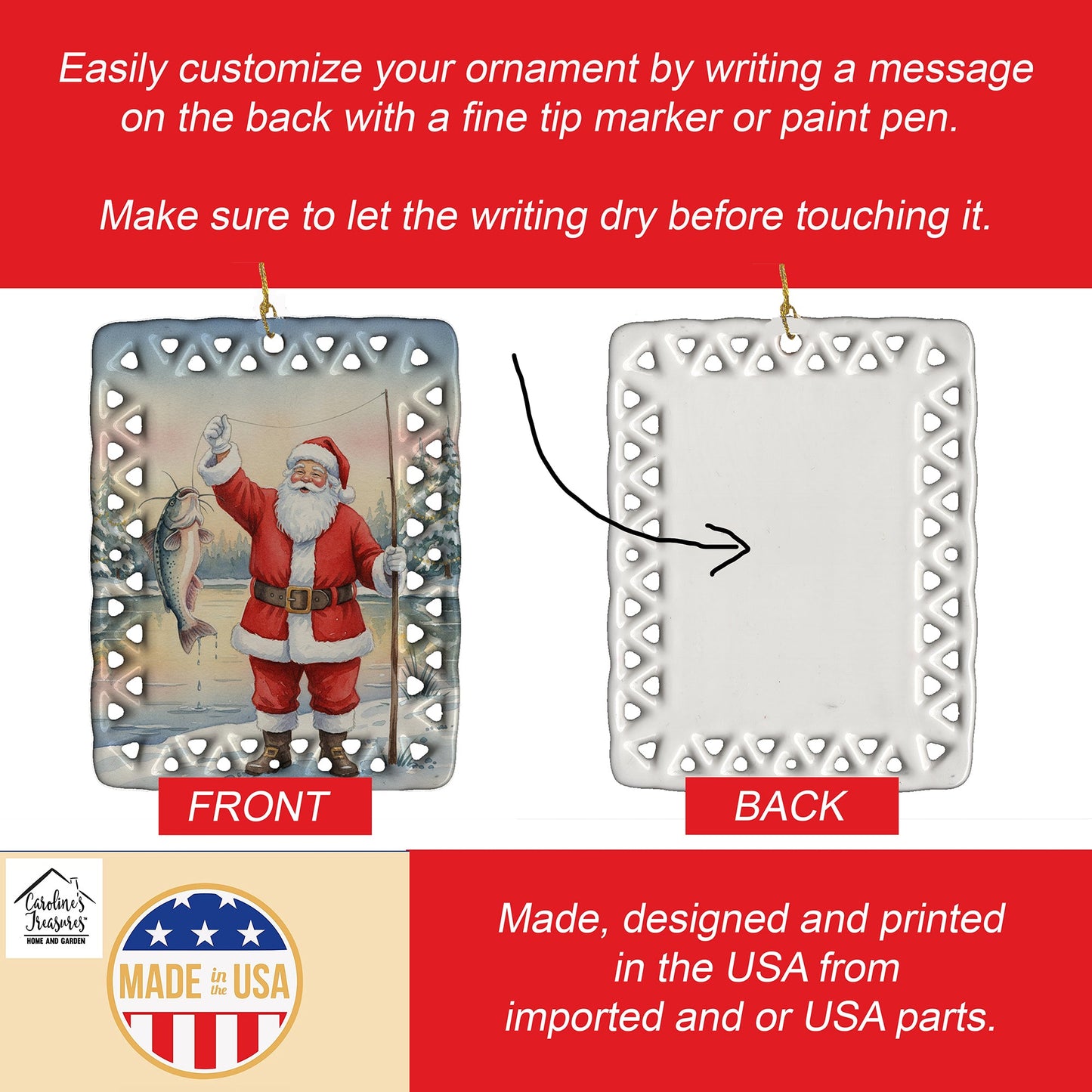 Fishing Santa Claus with Catfish Christmas Porcelain Ornament