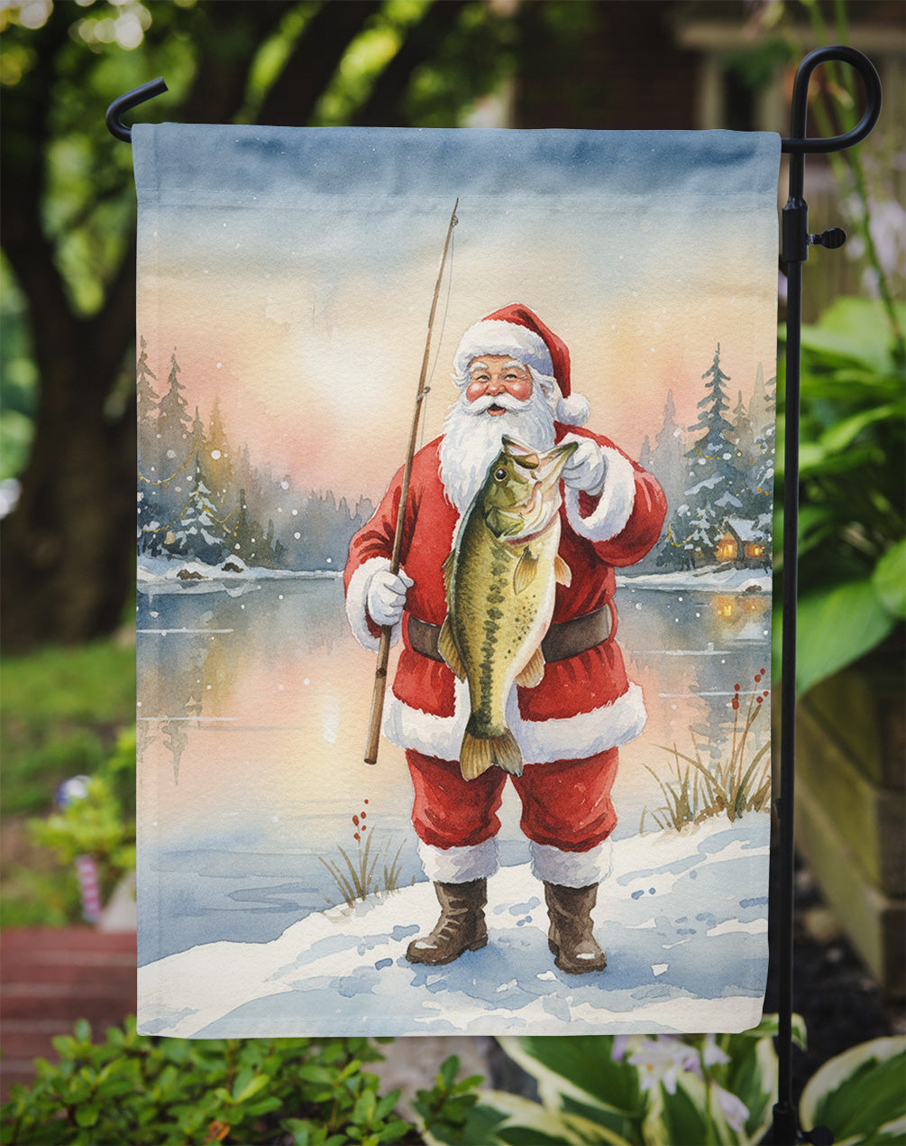 Fishing Santa Claus with Largemouth Bass Christmas Garden Flag