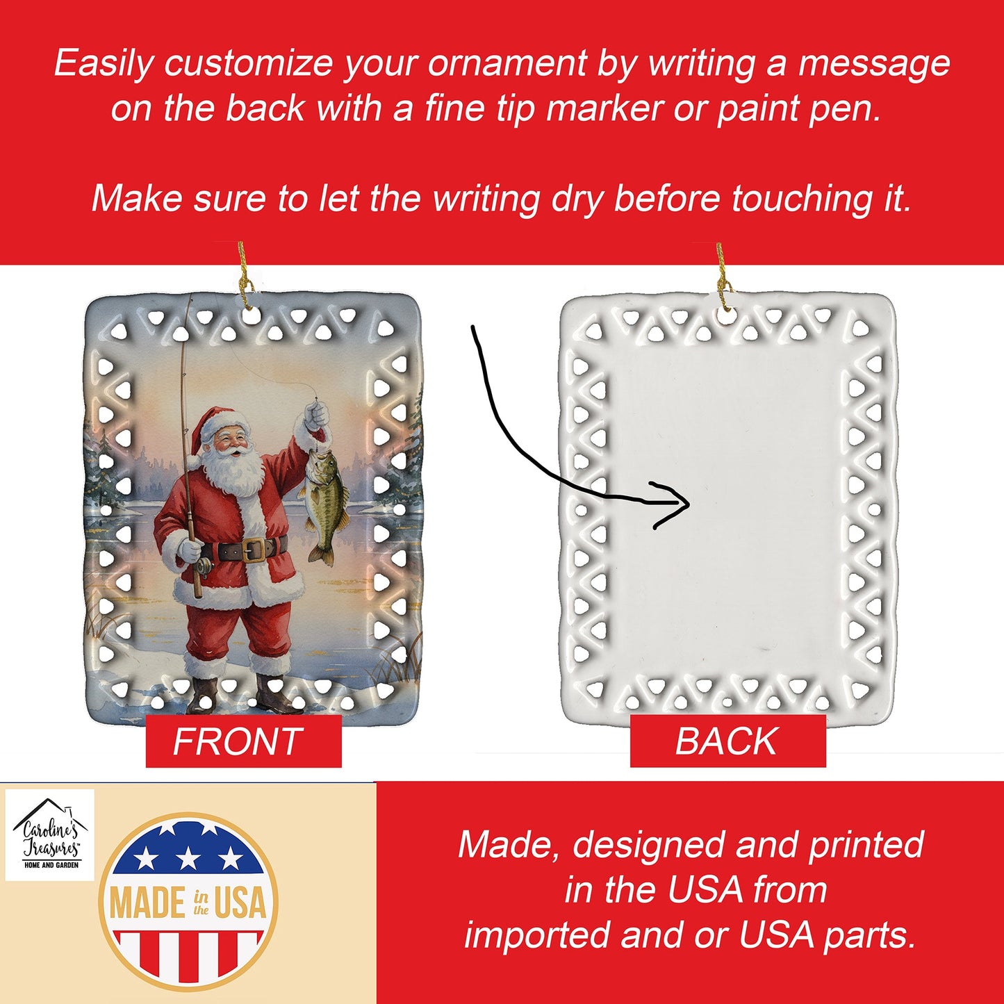 Fishing Santa Claus with Smallmouth Bass Christmas Porcelain Ornament