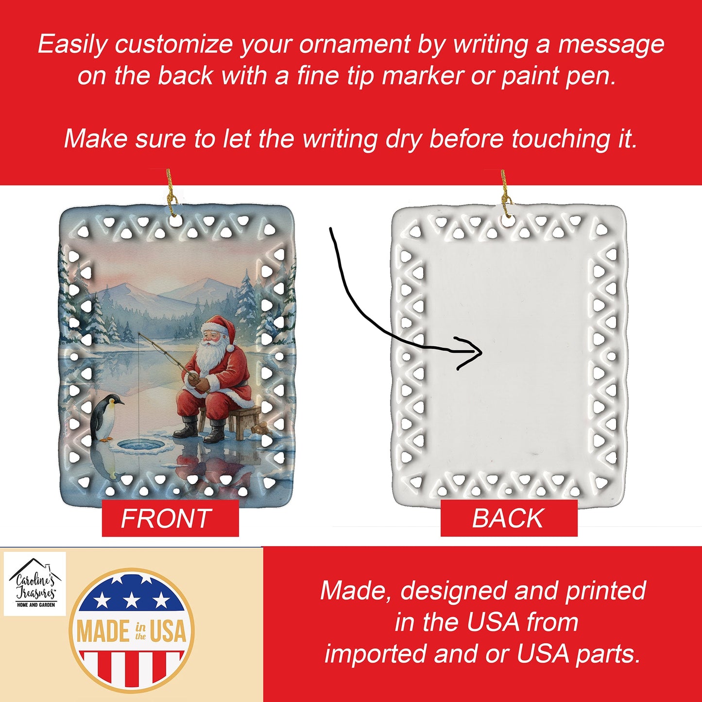 Santa Claus Ice Fishing on the Lake Christmas Porcelain Ornament