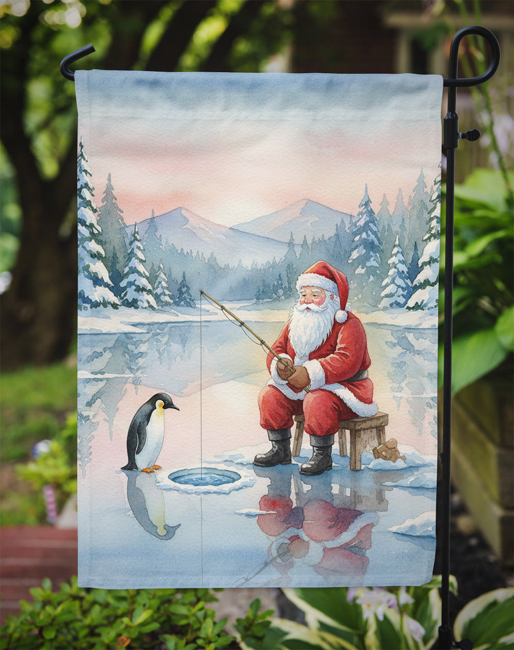 Santa Claus Ice Fishing on the Lake Christmas Garden Flag