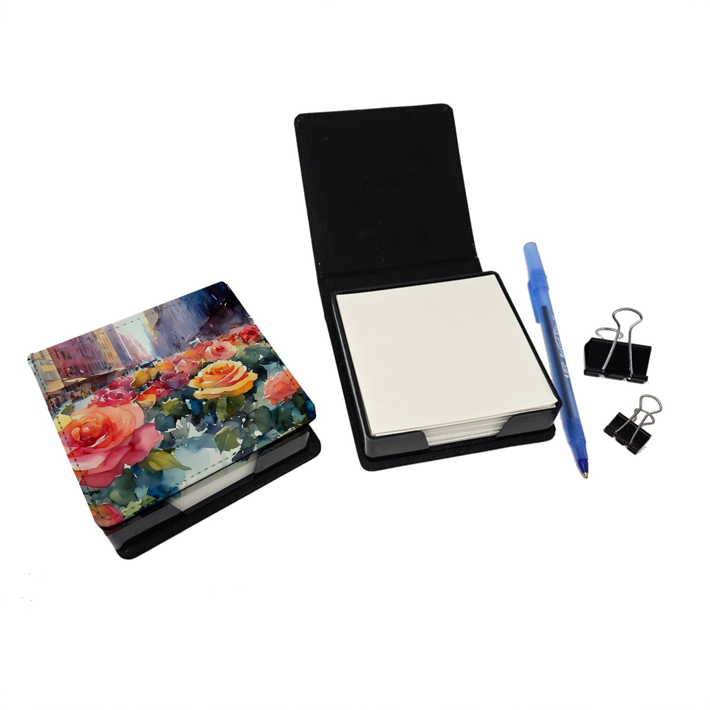 New York Roses in Watercolor PU Leather Note Paper Holder