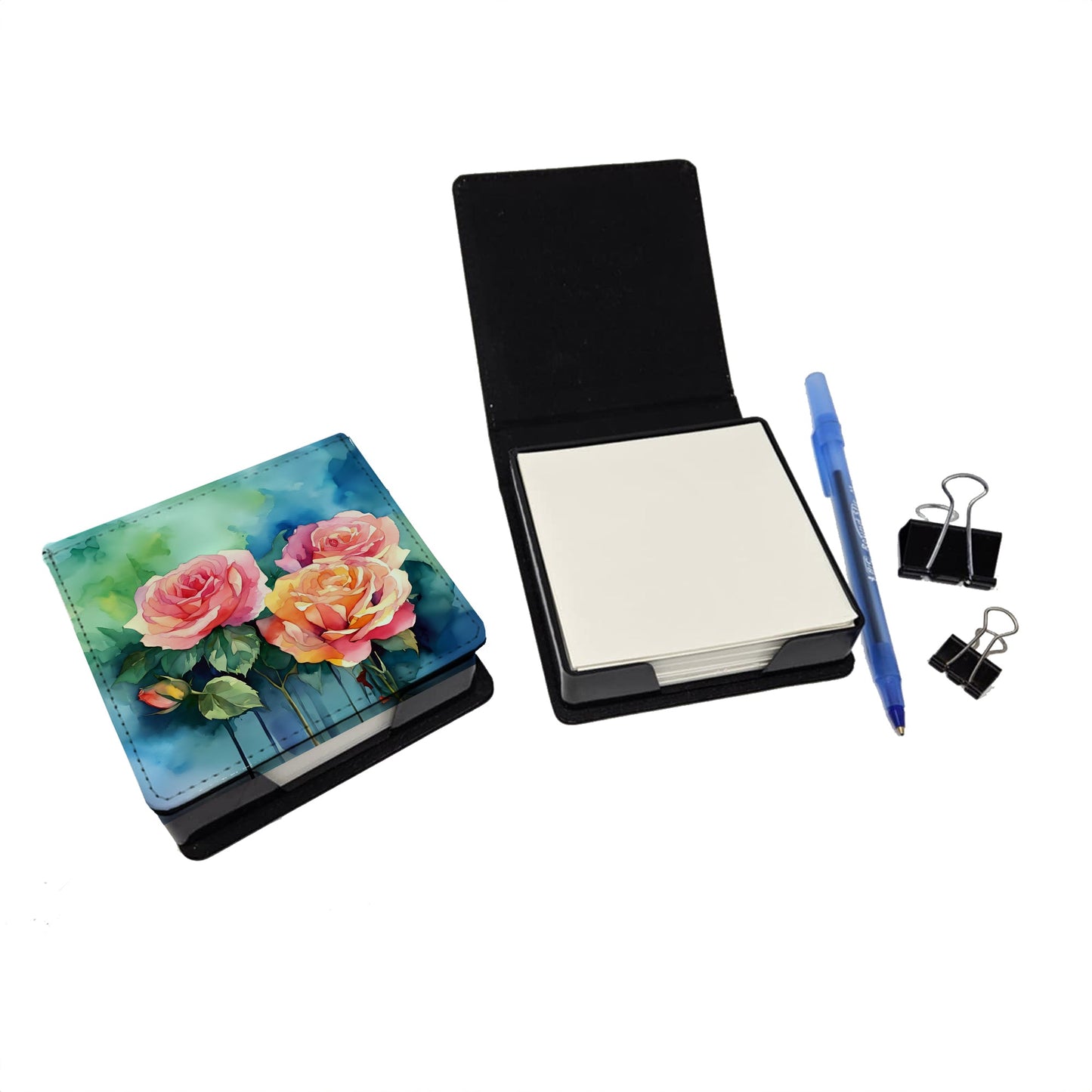 New York Roses in Watercolor PU Leather Note Paper Holder