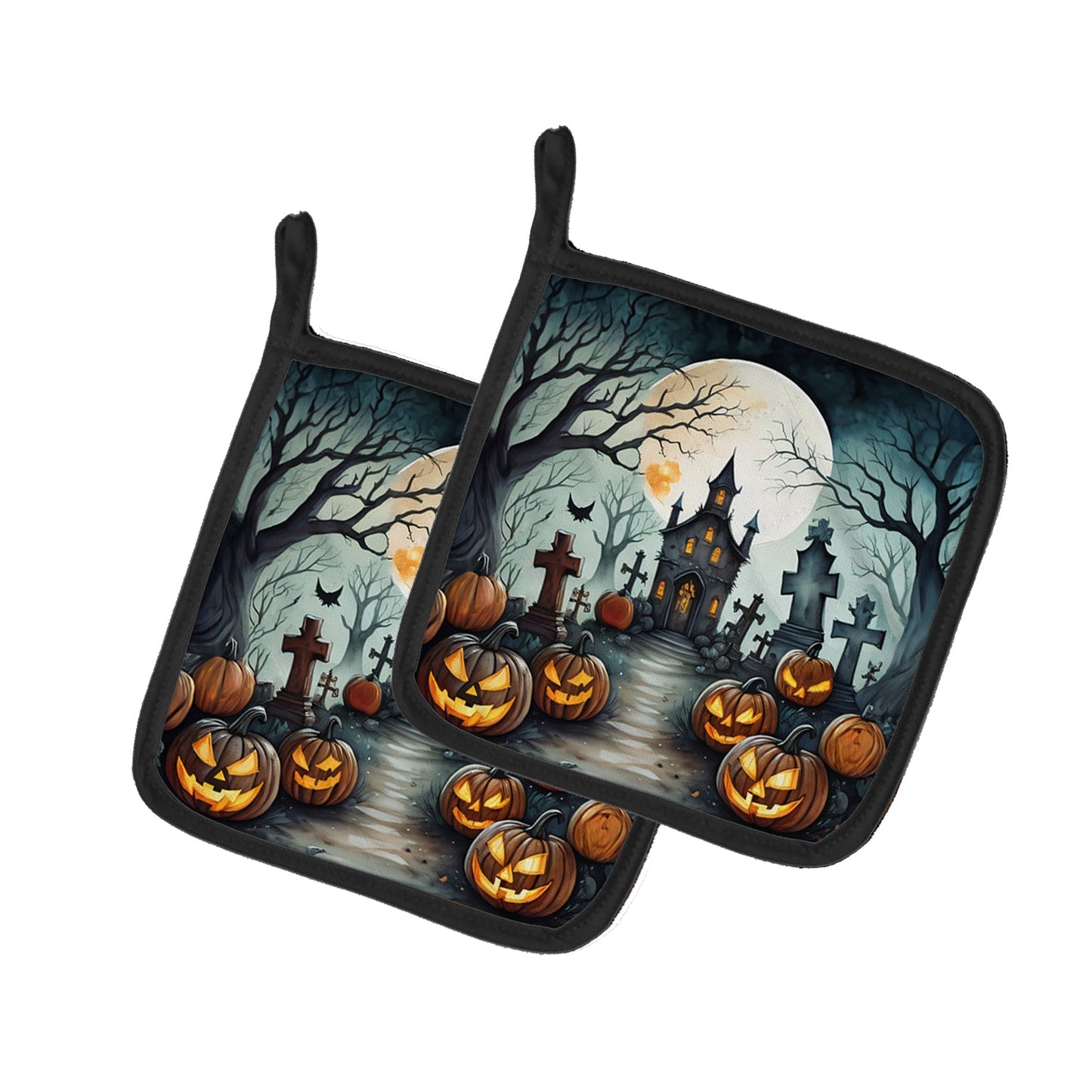 Graveyard Spooky Halloween Pot Holders - Set of 2 Decorative Kitchen Helpers | Made in the USA