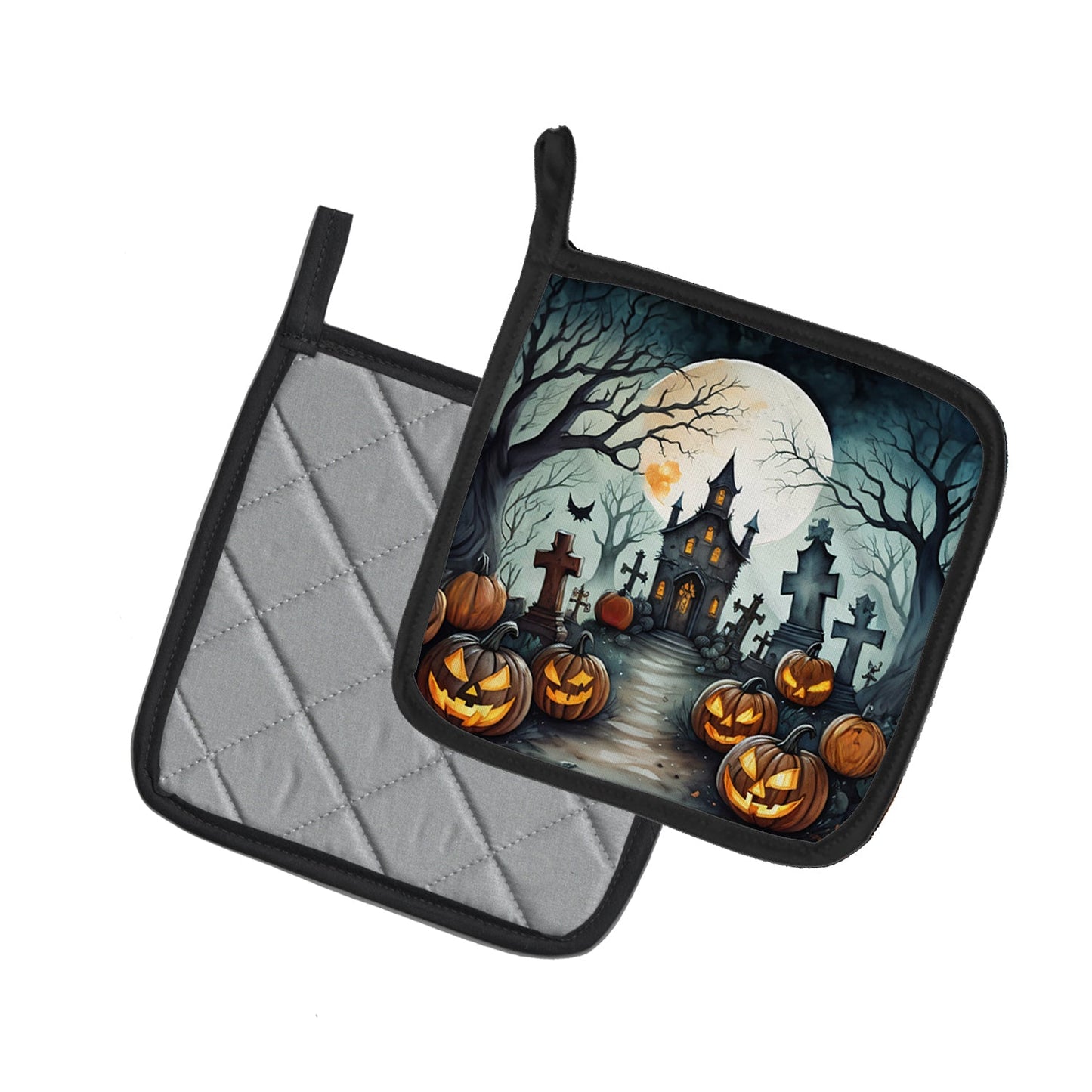 Graveyard Spooky Halloween Pot Holders - Set of 2 Decorative Kitchen Helpers | Made in the USA