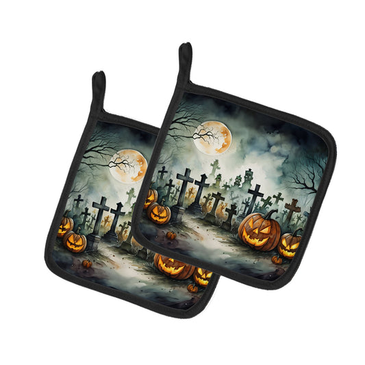 Graveyard Spooky Halloween Pot Holders - Set of 2 Decorative Kitchen Helpers | Made in the USA