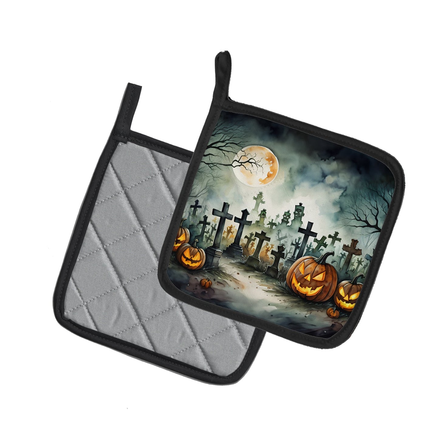 Graveyard Spooky Halloween Pot Holders - Set of 2 Decorative Kitchen Helpers | Made in the USA