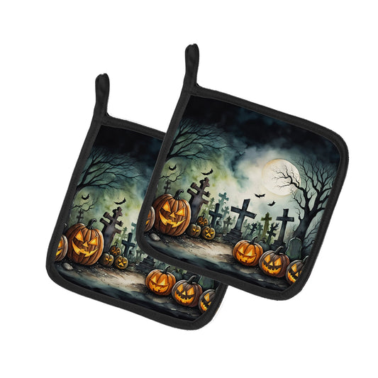 Graveyard Spooky Halloween Pot Holders - Set of 2 Decorative Kitchen Helpers | Made in the USA