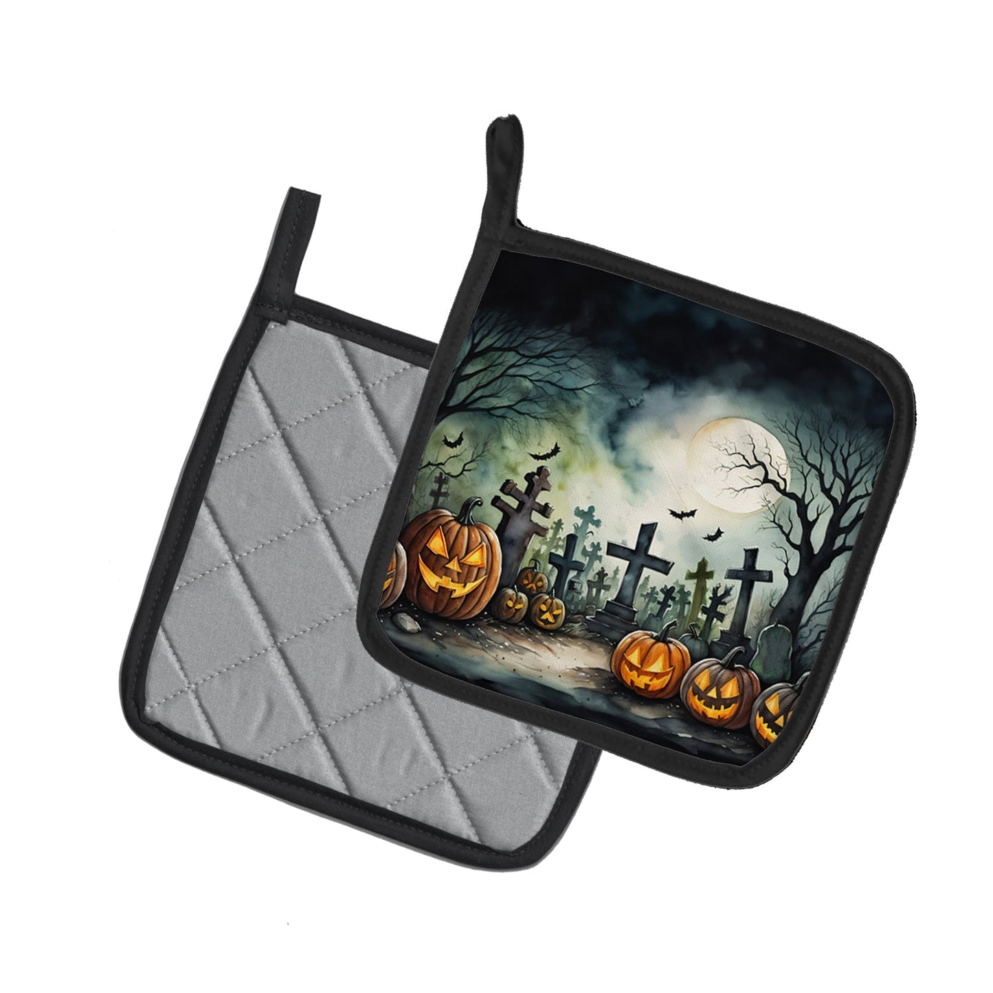 Graveyard Spooky Halloween Pot Holders - Set of 2 Decorative Kitchen Helpers | Made in the USA