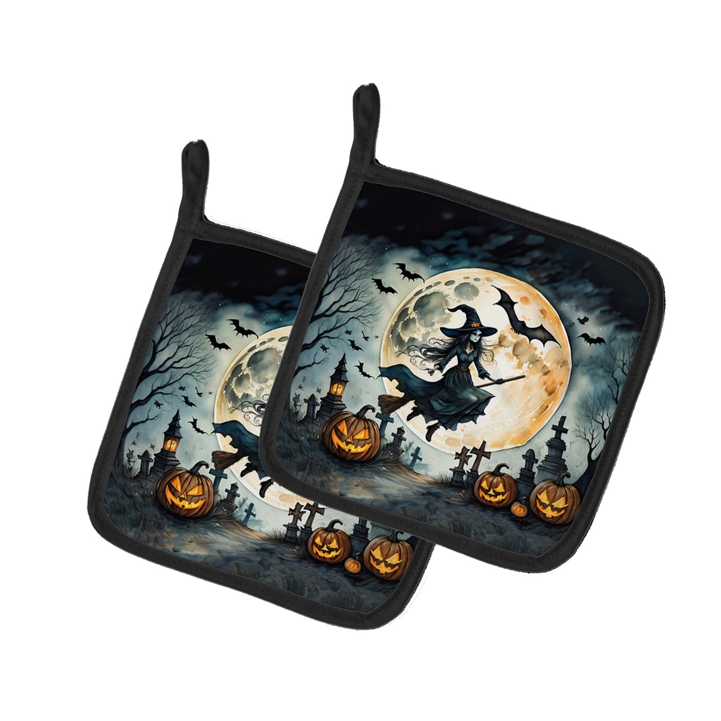Flying Witch Spooky Halloween Pot Holders - Set of 2 Decorative Kitchen Helpers | Made in the USA