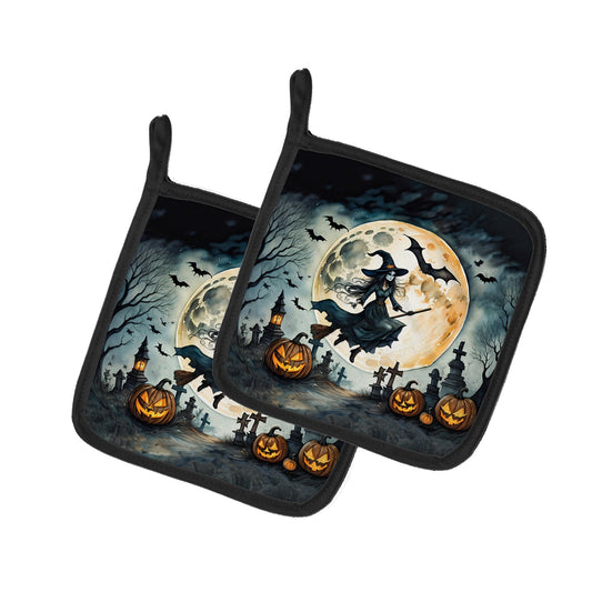 Flying Witch Spooky Halloween Pot Holders - Set of 2 Decorative Kitchen Helpers | Made in the USA