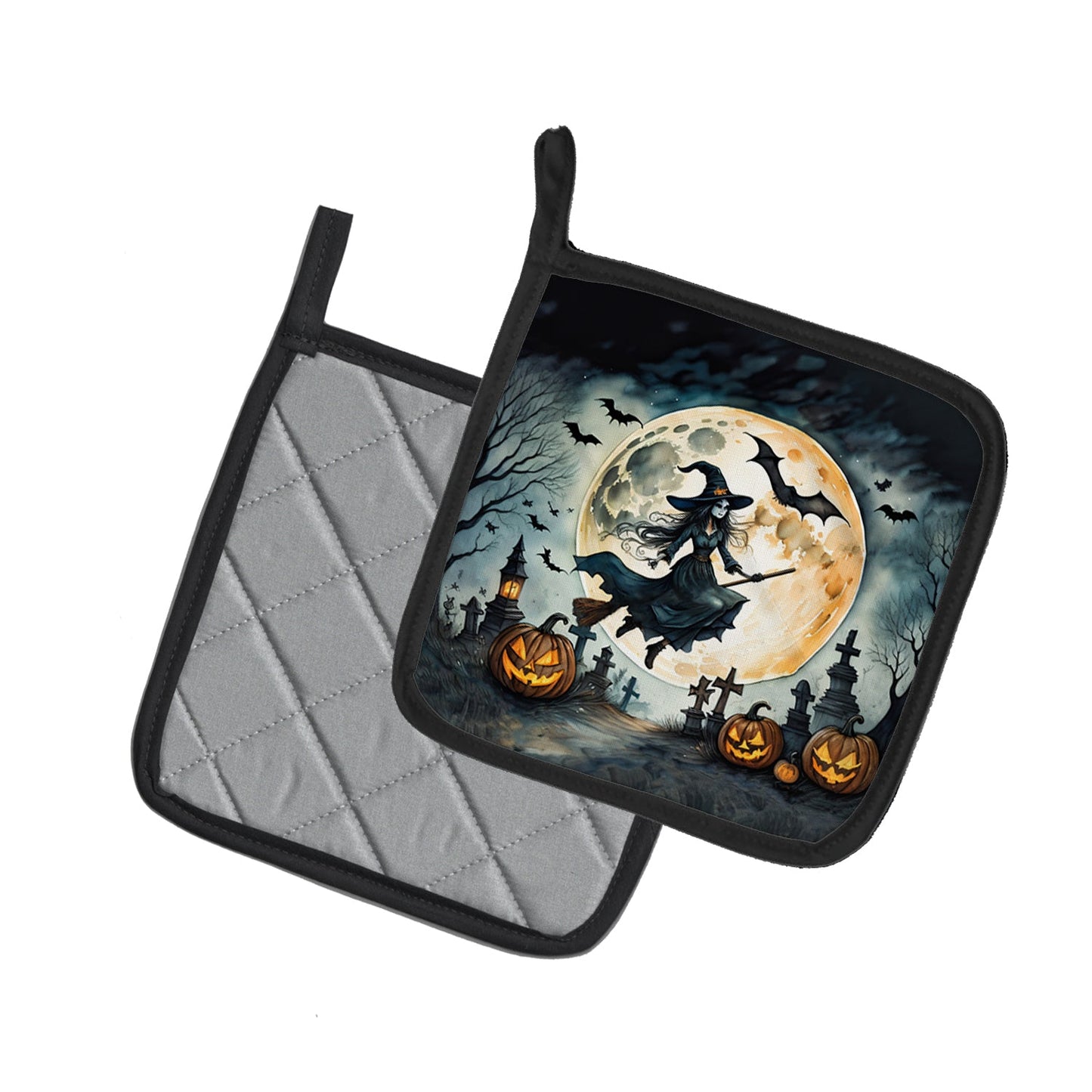 Flying Witch Spooky Halloween Pot Holders - Set of 2 Decorative Kitchen Helpers | Made in the USA
