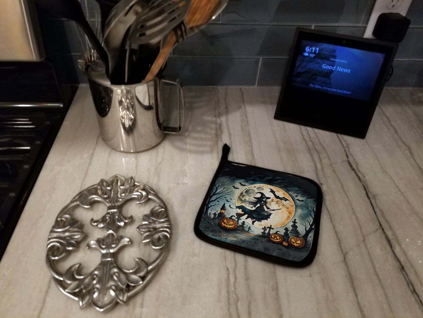 Flying Witch Spooky Halloween Pot Holders - Set of 2 Decorative Kitchen Helpers | Made in the USA