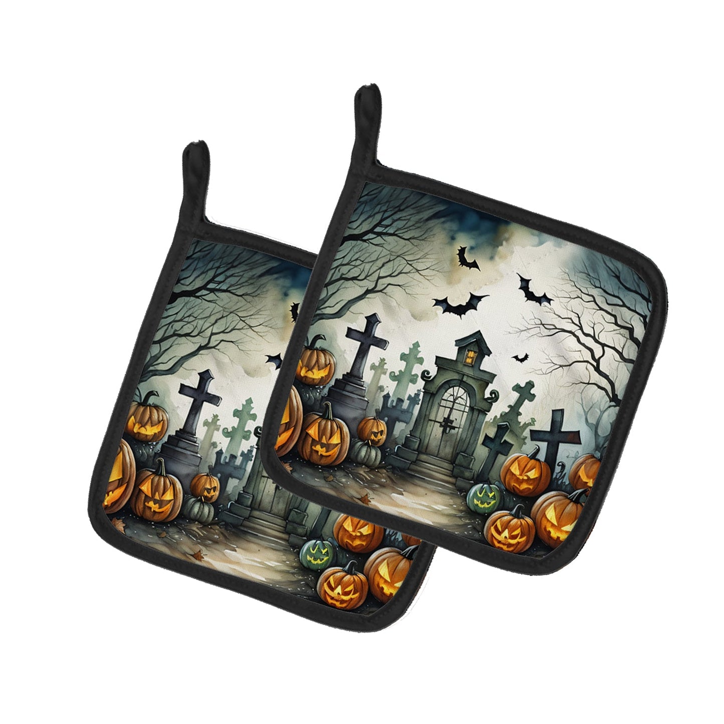 Graveyard Spooky Halloween Pot Holders - Set of 2 Decorative Kitchen Helpers | Made in the USA