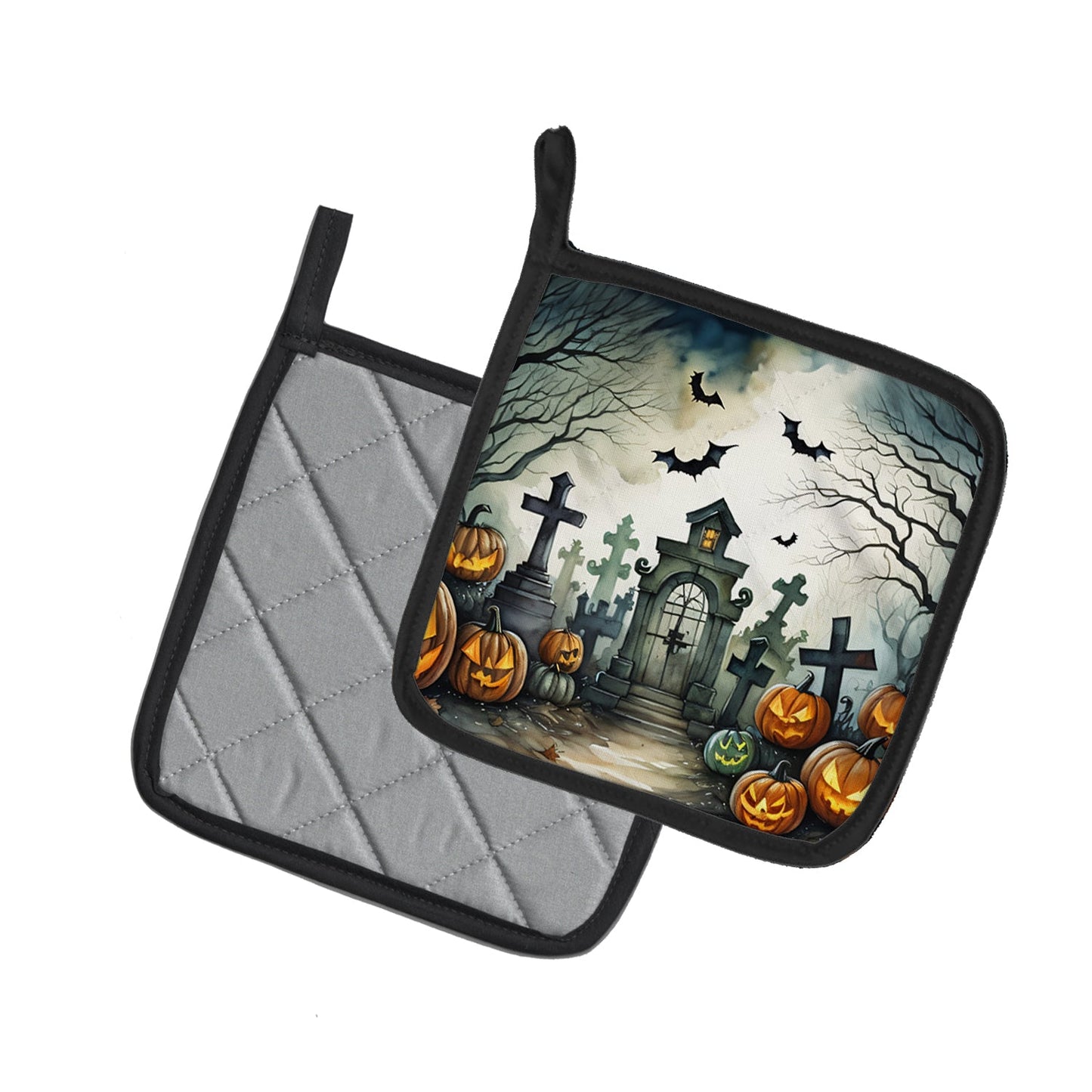 Graveyard Spooky Halloween Pot Holders - Set of 2 Decorative Kitchen Helpers | Made in the USA
