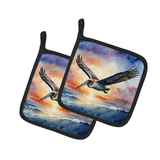 Pelican Fyling at Sunrise Pot Holders - Set of 2 Decorative Kitchen Helpers | Made in the USA