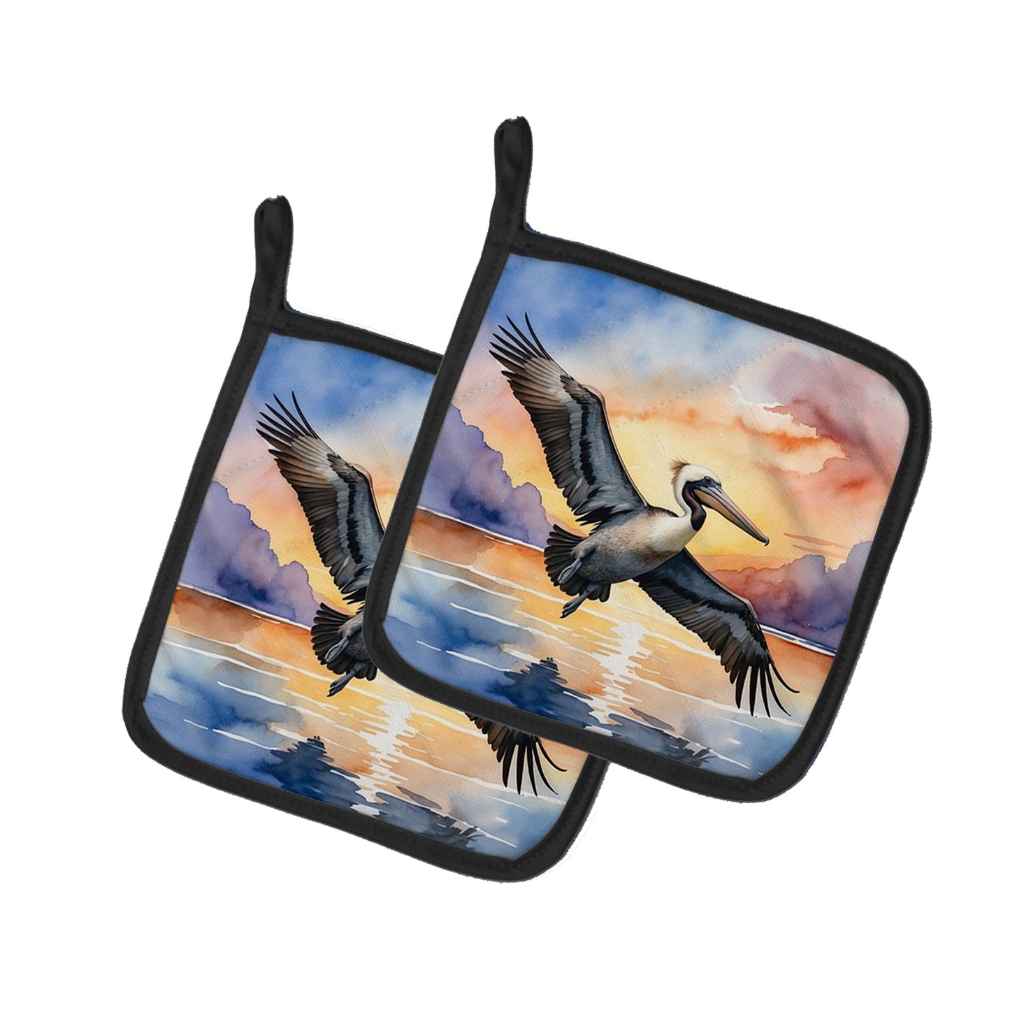 Pelican Fyling at Sunrise Pot Holders - Set of 2 Decorative Kitchen Helpers | Made in the USA
