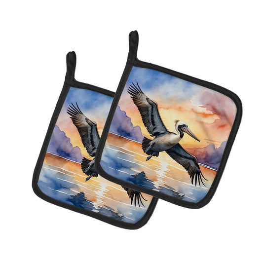 Pelican Fyling at Sunrise Pot Holders - Set of 2 Decorative Kitchen Helpers | Made in the USA