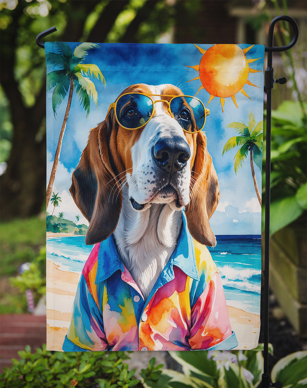 Basset Hound Summer Beach Time Garden Flag