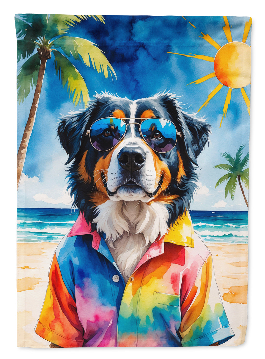 Bernese Mountain Dog Summer Beach Time Garden Flag