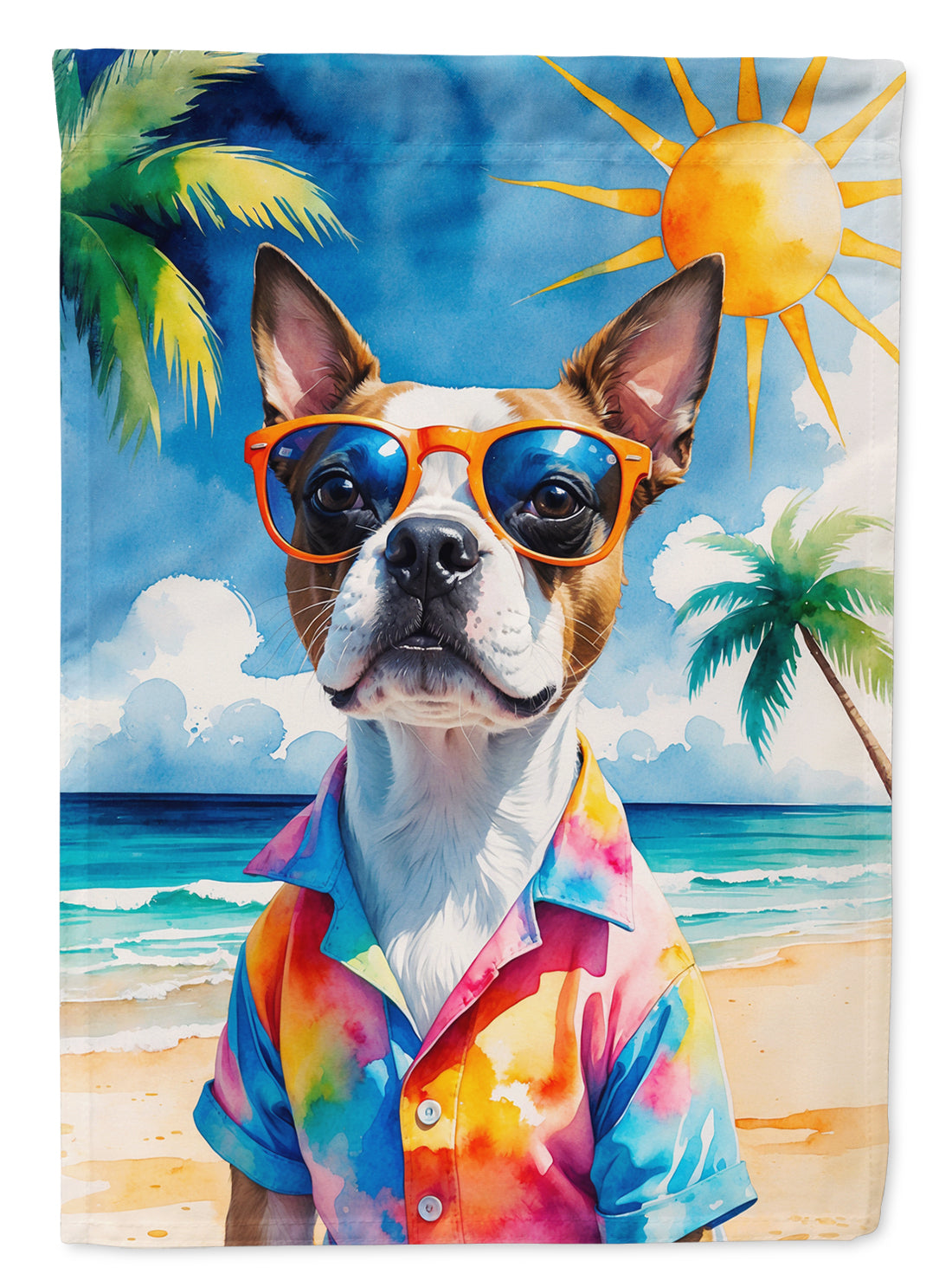 Red Boston Terrier Summer Beach Time House Flag