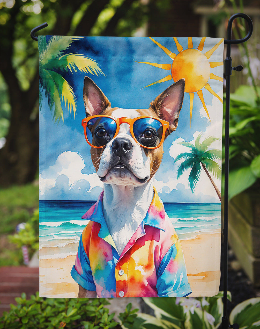 Red Boston Terrier Summer Beach Time Garden Flag