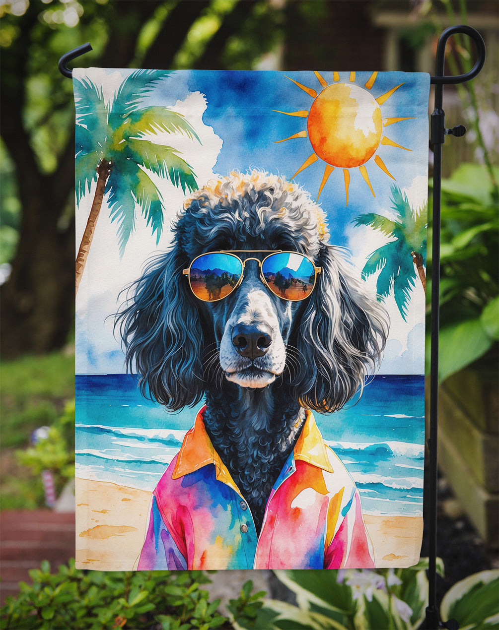 Black Poodle Summer Beach Time Garden Flag