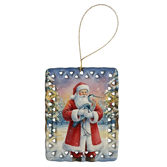 Blue Heron with Santa Claus Porcelain Ornament
