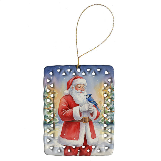 Blue Jay with Santa Claus Porcelain Ornament