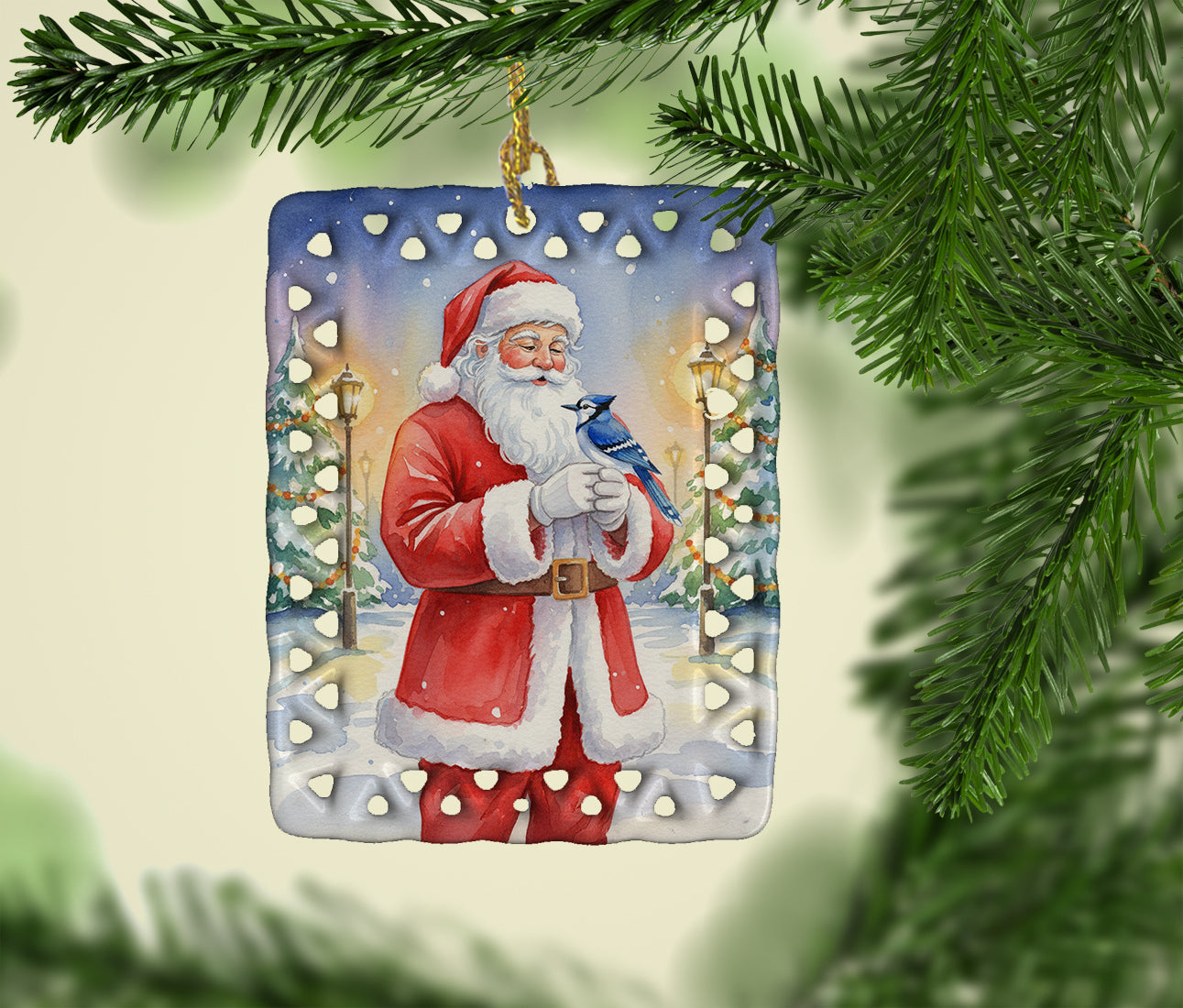 Blue Jay with Santa Claus Porcelain Ornament