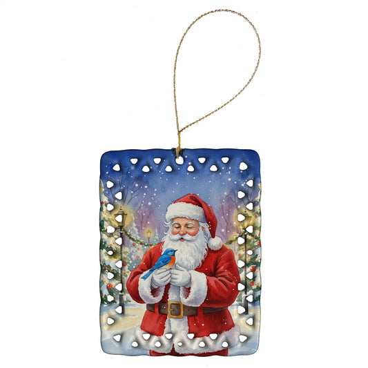 Bluebird with Santa Claus Porcelain Ornament