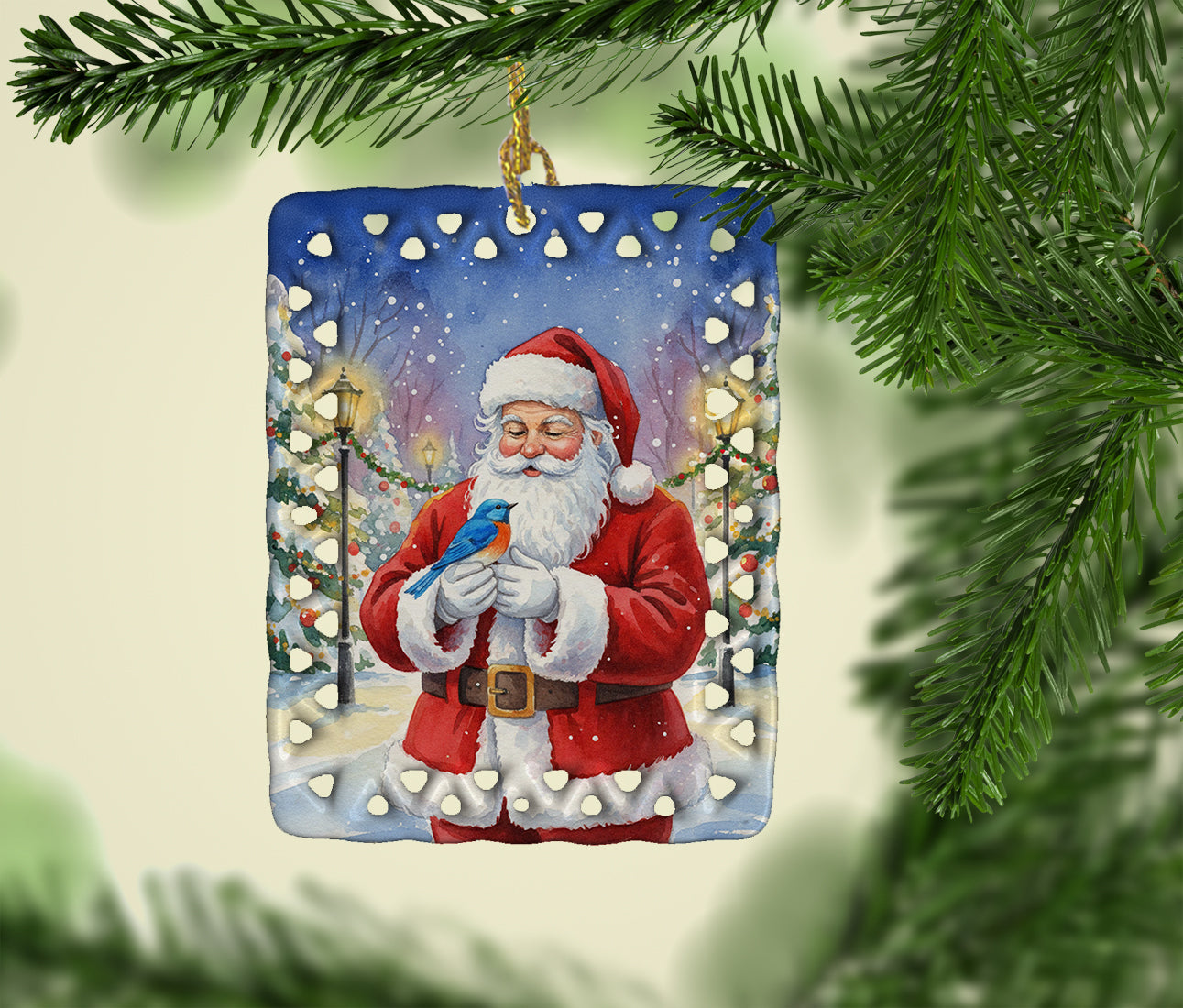 Bluebird with Santa Claus Porcelain Ornament