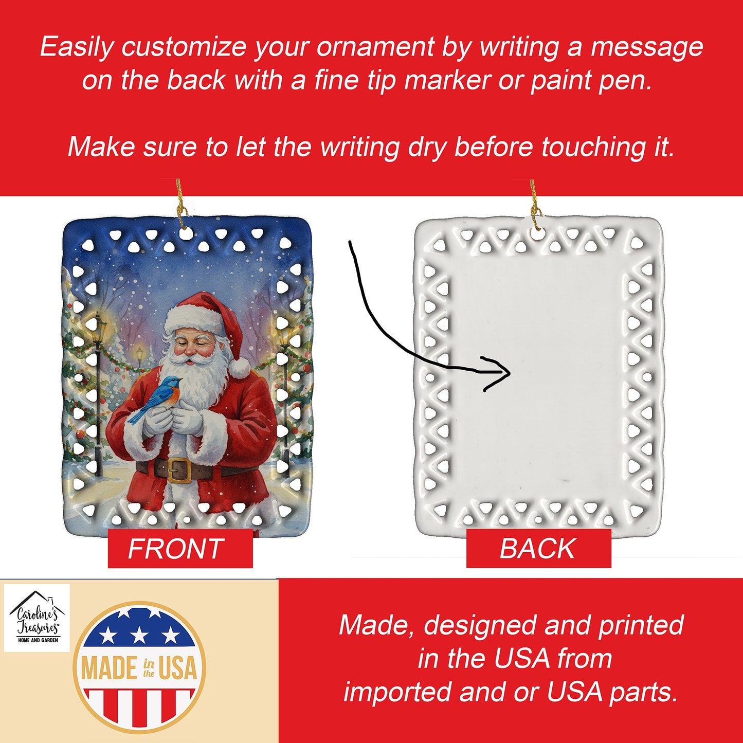 Bluebird with Santa Claus Porcelain Ornament