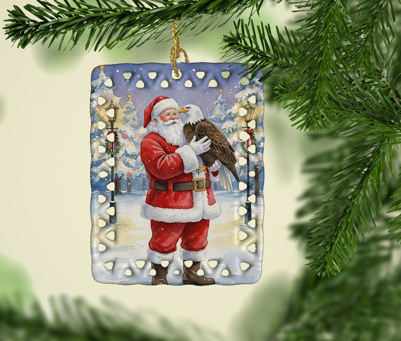 Eagle with Santa Claus Porcelain Ornament