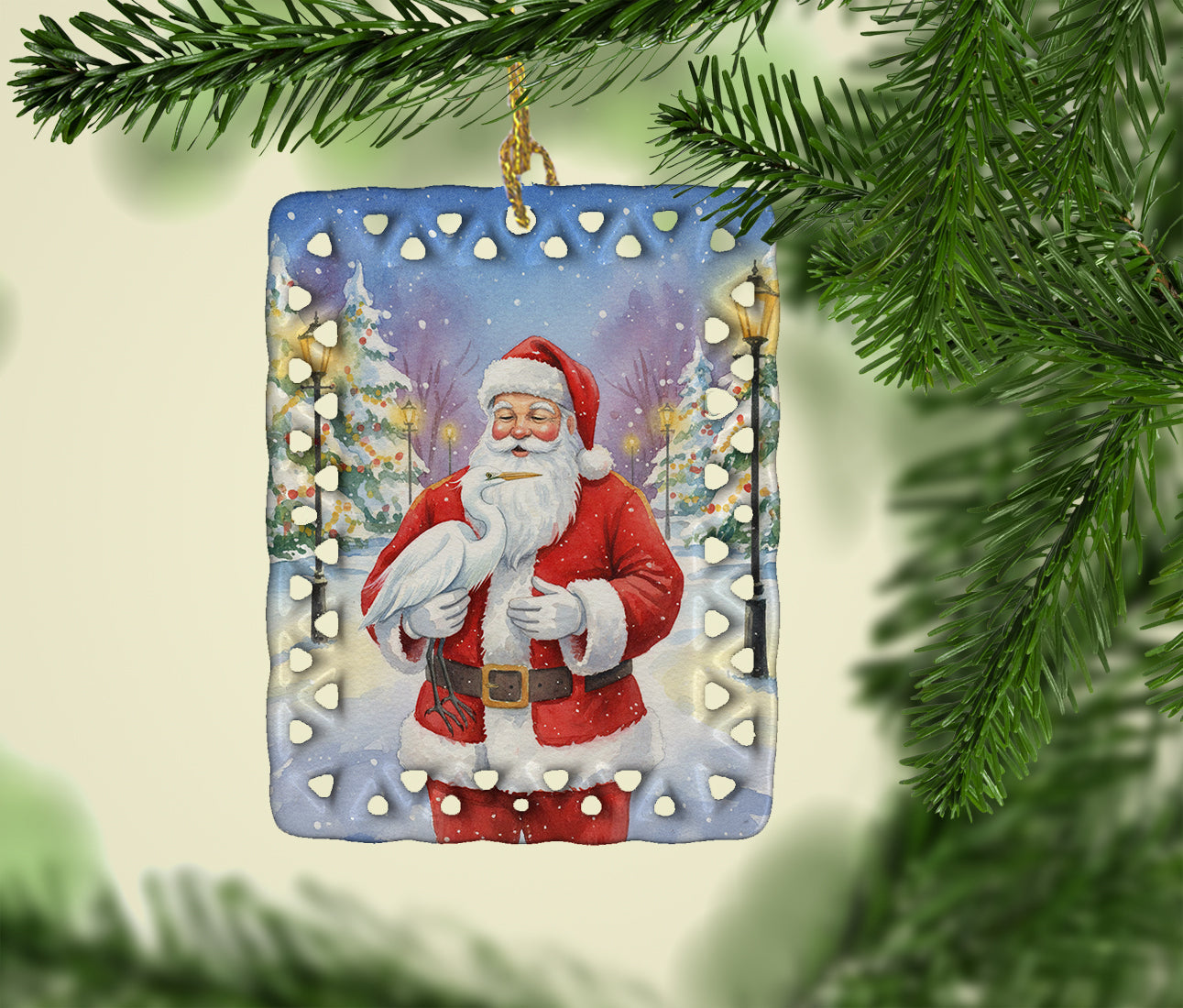 Egret with Santa Claus Porcelain Ornament
