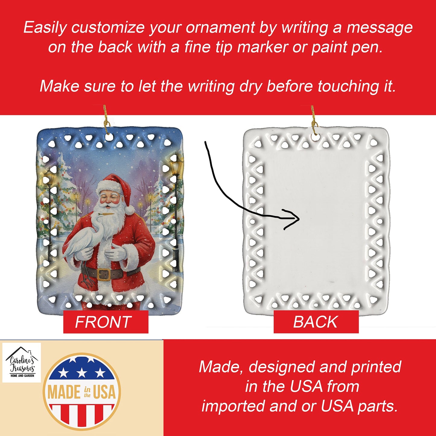 Egret with Santa Claus Porcelain Ornament