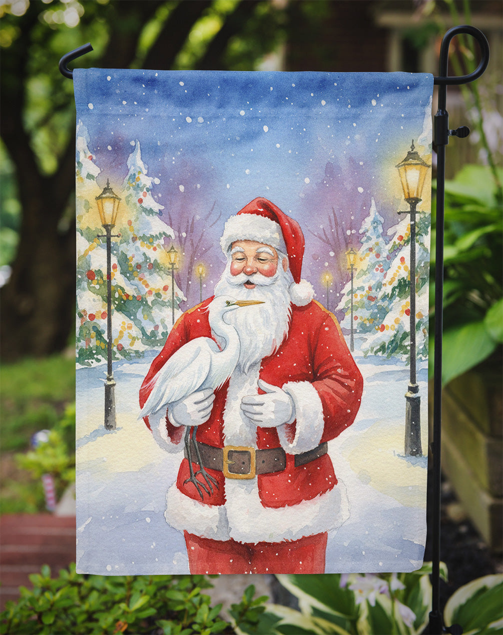 Egret with Santa Claus Garden Flag