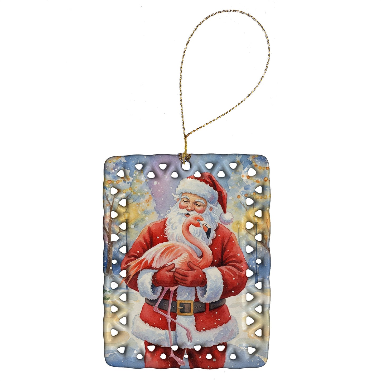 Flamingo with Santa Claus Porcelain Ornament