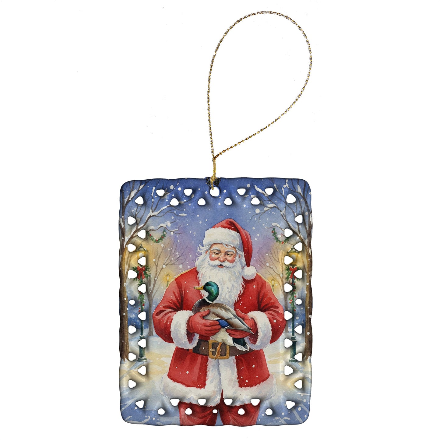 Mallard with Santa Claus Porcelain Ornament