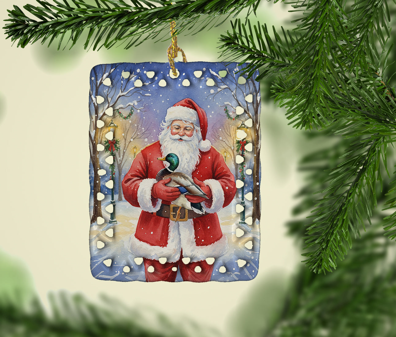 Mallard with Santa Claus Porcelain Ornament